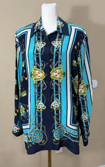 Quo-Silk Button Front Blue Nautical Print Shirt 100% Silk Women's Sz M Luxury