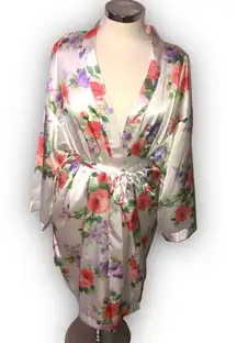 Thalia Sodi Ivory Pink Floral Satin Robe Tie Front L/XL