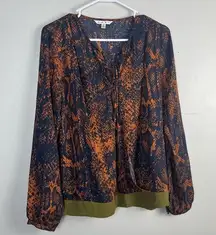 CAbi  Long Sleeve Blue & Orange Snake Print Tie Blouse Green Trim Size M