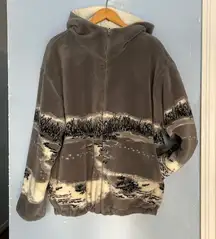 Denali 90s Reversible Outdoor Scene Zip Up Fuzzy Sherpa Winter Hooded Jacket