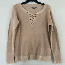 Natural Reflections Tan Long Sleeve Blouse Lace Up Casual Neutral Large