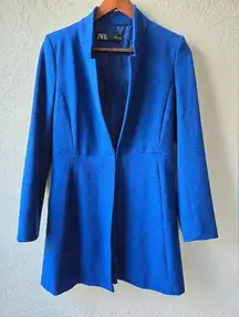 Zara Women's Blue Long Blazer Inverted Lapel Collar Frock Coat size Small