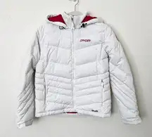 [Spyder] White Winter Puffer Ski Snowboard Jacket Hooded Rainbow Seams Size 4