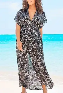 NEW Swimsuits for All Black Metallic Silver Dot Sheer Maxi Caftan Coverup Dress