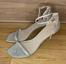 Stuart Weitzman Champagne Glitter Ankle Strap Heeled Sandals - Size 12