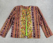 VTG Women Patchwork Embroidered Jacket L Orange Purple Floral Tribal Ethnic Boho