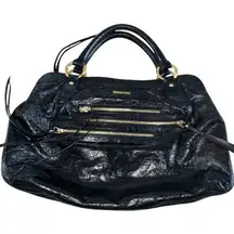 Charles David Womens Classic Shiny Patent Leather Satchel Handbag Black‎