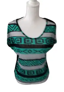 Love J Womens Tribal Print Scoop Neck Short Sleeve Top L Green & Black