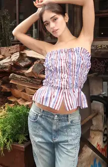 LAAGAM Susan Striped Ruched‎ Strapless Smocked Ruffle Button Up Peplum Small Top