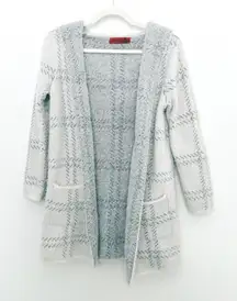 Womens Cardigan Sweater Sz M Gray Plaid Open Front Fuzzy Hooded Cozy Soft Comfy