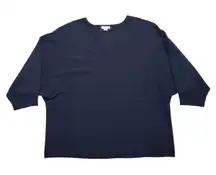 J. Jill Knit Sweater Large Petite Navy Blue 3/4 Sleeve V-Neck Top Preppy