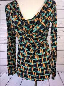 Cabi Small Long Sleeve Shirt Faux wrap ruched Gathered Front Geometric‎ Colorful