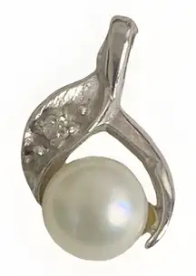 14KT Solid White Fine Gold 6mm Round White  Pearl And Diamond Pendant TESTED