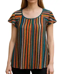 Cato Vibrant Striped Ruffle Sleeve Split Front Layered Blouse Women’s M