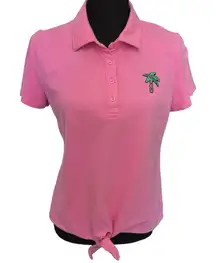 Talbots Top Womens Medium‎ Pink Polo Palm Tree Stretch Tied Front Short Sleeve