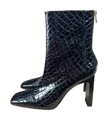 Good American Black Heel Ankle Boot Size 12 Patent Croc Embossed Square Toe NEW