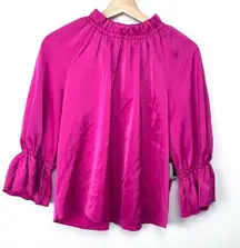 Worthington XS Fuchsia Pink Ruffled Long Sleeve Blouse Top Vibrant Flowy Peasant