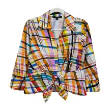LAFAYETTE 148 NY Multicolored Abstract Print Cotton Tie Front Shirt Women's 8