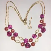 NY Brand Soft Satin Gold Tone & Pink Magenta Clear Beaded Double Strand Necklace