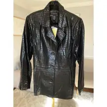 Black Croc Embossed Dialogue Leather Coat XL Vintage Quiet Luxury