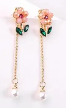 Crystal Flower Chain Tassel Pearl Drop Stud Earring 