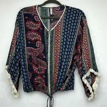 Paisley with pockets-tassels Drawstring Waist Boho Sz M Zip Front Fringe Sleeves