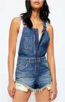 Free People Sunkissed Denim Short Overalls Zip Front Jean Shortalls NEW Size 8