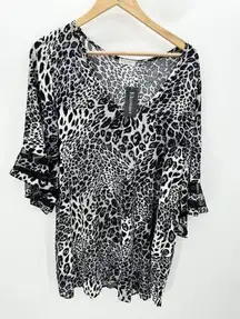 Ekouaer Black Grey Animal Print V Neck Swim Cover Up Top Women's Size Large NWT