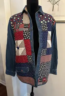 Vintage Patchwork Denim Button Up Jean Shirt Farm Cottage Women’s (Mens Medium)