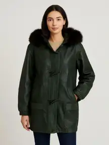 VTG 80’s Express Dark Green Leather Toggle Coat with Fur Trim Hood