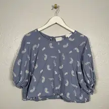 House of Harlow 1960 Women L Blue Cream Paisley Embroidery Crop Balloon Sleeve