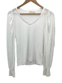 Nation Ltd Womens Puff Sleeves V-Neck Slub Pima Cotton‎ Long Sleeve Top White XS
