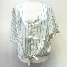 Hem & Thread Summer Days Crop Top White & Teal Striped Knot Front Crop Top L NEW