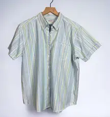 Wrinkle Free Short Sleeve Blue Purple Striped Button Down Shirt