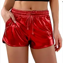 Amazon Red Metallic Shiny Mid Rise Shorts w/ Elastic Drawstring - Size L