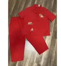 Vintage White Stag Red Cotton Capri Set L 12-14 Top & Pant Tropical Appliqué