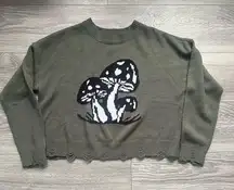 No Boundaries Distressed Cropped Army Green Mushroom Graphic Sweater Size 2XL