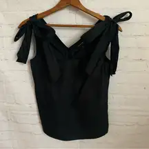 Who What Wear black cotton sleeveless v-neck blouse button back shoulder ties XS