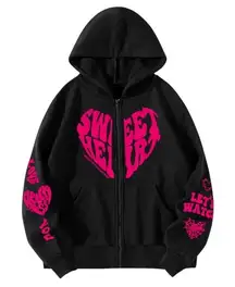 SHEIN Letter & Heart Print Zip Up Hoodie in Black, Size XL​​​​​​