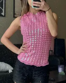 Hot Pink vintage y2k viral crochet beaded bead sequin embellished tank top