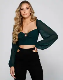 Windsor Dark Green Crop Top with Sheer Sleeves