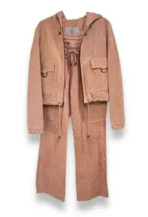 Vintage 80s Wilson's Leather pink suede leather hooded bomber jacket pants suit