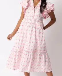 BRUNCH & BEYOND COTTON LIGHT PINK FLORAL MIDI DRESS