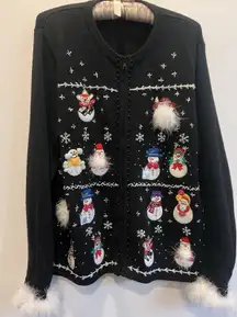 Ugly Christmas Sweater Snowman With Feathers Snowflake B.P. Designs Black Sz L