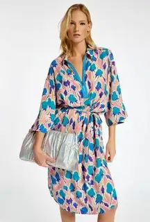 Essentiel Light Pink, Blue and Purple Floral Print Oversized Women's Midi Dress