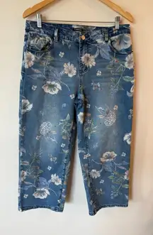 Flamingals Cropped Jeans Womens XL Blue Denim Stretch Floral Relaxed Fit Trendy