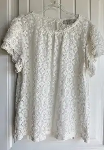 Loft Eyelet Top White Meadow Floral Short Sleeve Cottagecore Size XL‎