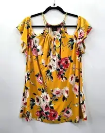 012. First Love Yellow Floral Cold Shoulder Short Sleeve Blouse Top 1XL