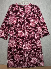 Miss Elaine Medium House Coat Robe Floral Womens Velour Zip Pink Burgundy