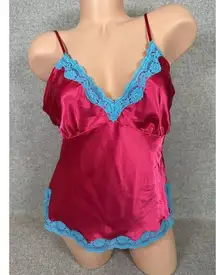 Vintage Tommy Jeans Large Womens Top Camisole Lace Y2K Pink Blue V-Neck Fairy